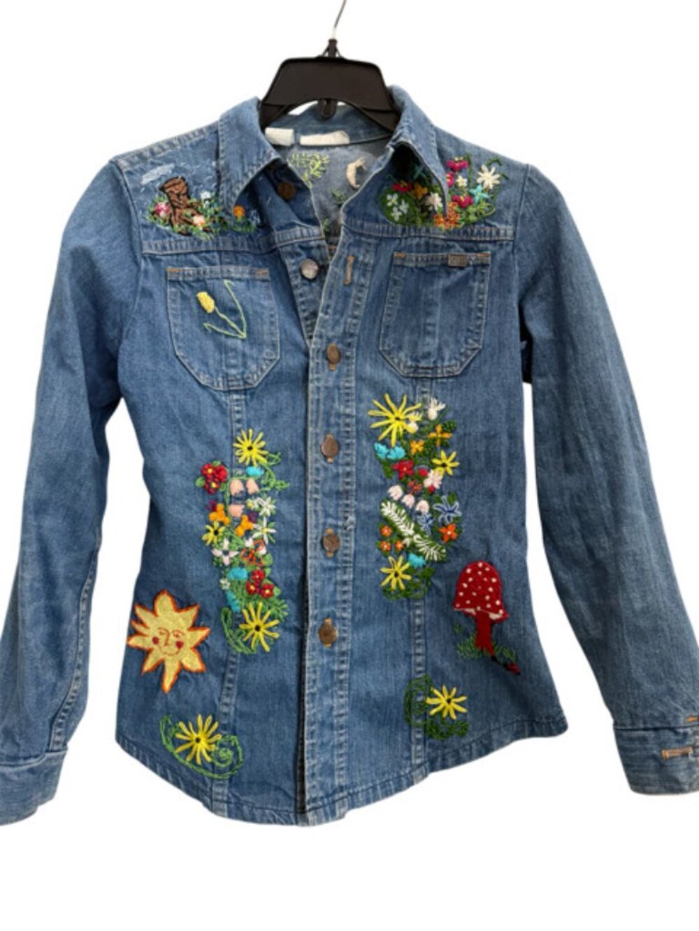 OOAK Hand Embroidered Denim Jacket Womens Medium Nature Woodland owl Peacock - Picture 16 of 16